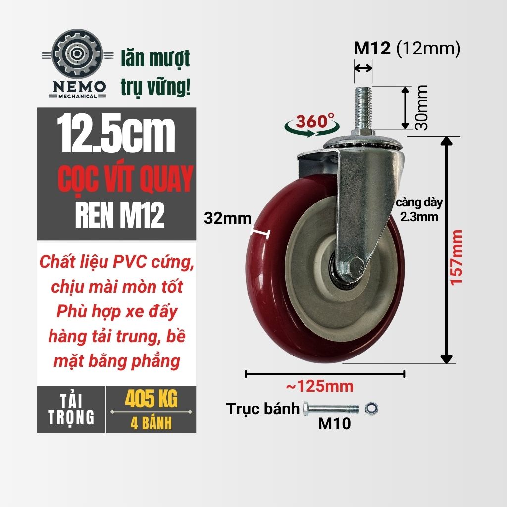 Bánh Xe PVC Đỏ Mận Cọc Vít M12 (D75, D100, D125)